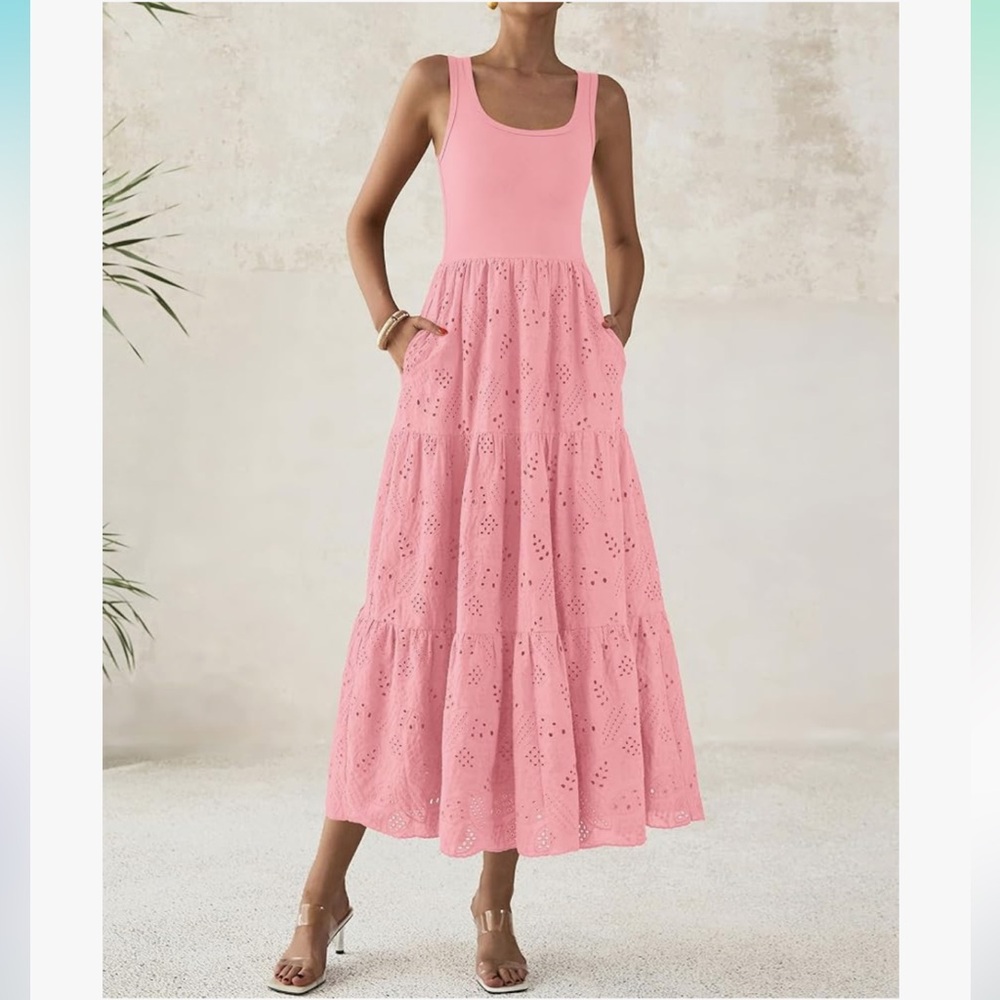 Pink Tiered A-line Maxi Dress with pockets - Picture 3 of 11